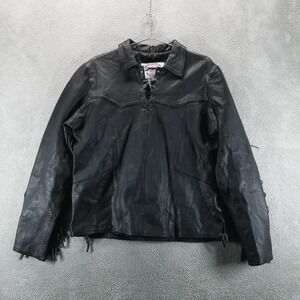 Vanguard Leather‎ Jacket Womens Large Black Fringe Western Biker Moto